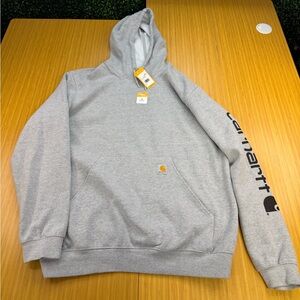 Carhartt Hoodie Mens Large Loose Fit Grey Pullover Logo Sleeve Sweatshirt TS028